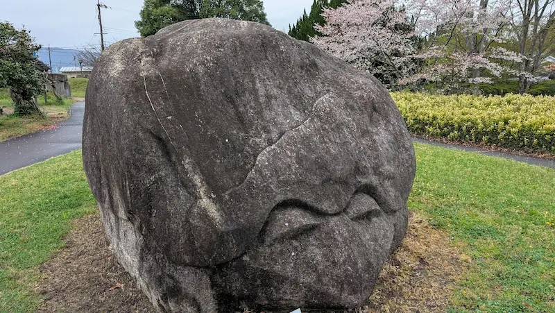 飛鳥資料館の庭園にある亀石のレプリカ。巨大な花崗岩に亀のような顔が彫り込まれており、背景には満開の桜と緑の芝生が広がっている。