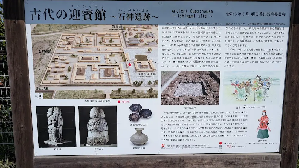 明日香村にある石神遺跡の「古代の迎賓館」と題された大きな案内板。周辺復元模型の写真や石人像・須弥山石の図版、当時の饗宴のイメージイラストとともに、斉明天皇の時代に外国使節を迎える施設であった歴史的背景が詳しく解説されている。
