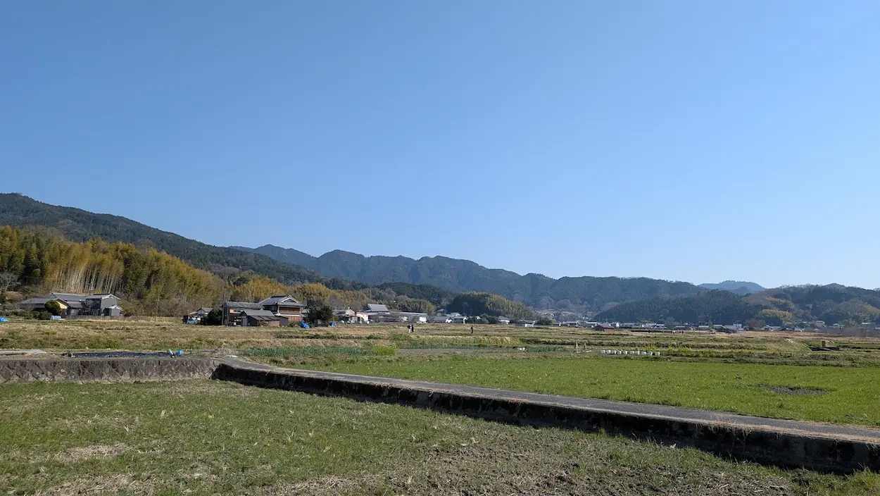 3月下旬の明日香村、飛鳥寺の近くから望む広大な田園風景。雲一つない青空の下、手前にはあぜ道と緑の田畑が広がり、奥には伝統的な瓦屋根の民家が集まる集落と、青々とした深い山並みが連なっている。