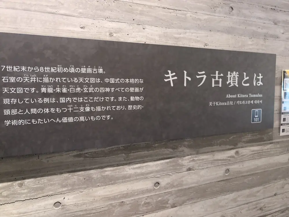 キトラ古墳について解説する展示パネル。7世紀末から8世紀初めの壁画古墳であること、四神や天文図、十二支像の重要性が記載されている。