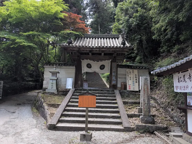 緑に囲まれた松尾寺の山門と寺標。門へと続く石段があり、神聖な雰囲気が漂っている。