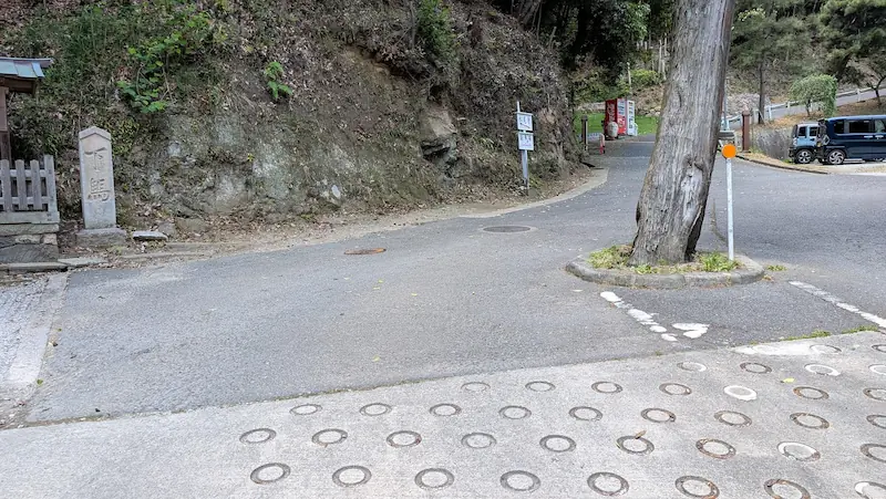 松尾寺駐車場へ向かう道の中心に立つ大木。左側には歴史ある「下馬」の石碑が見える。