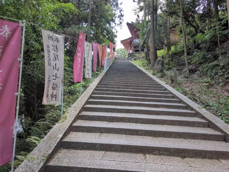 松尾寺の境内へと続く長く急な石段。参道には奉納された旗が並び、上部には本堂が少し見えている。