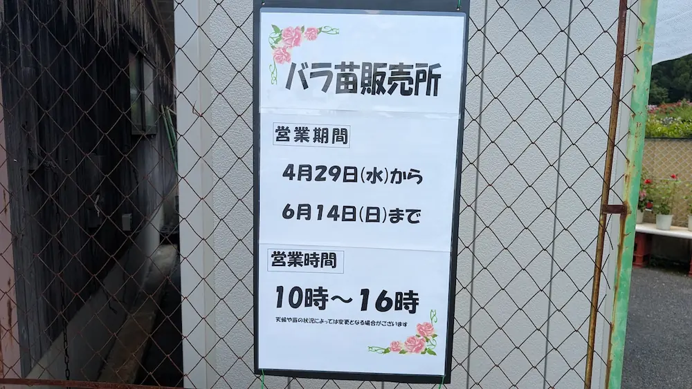 霊山寺のバラ苗販売所の営業案内。2026年は4月29日から6月14日まで、10時から16時まで営業していることがフェンスに掲示された看板からわかる。