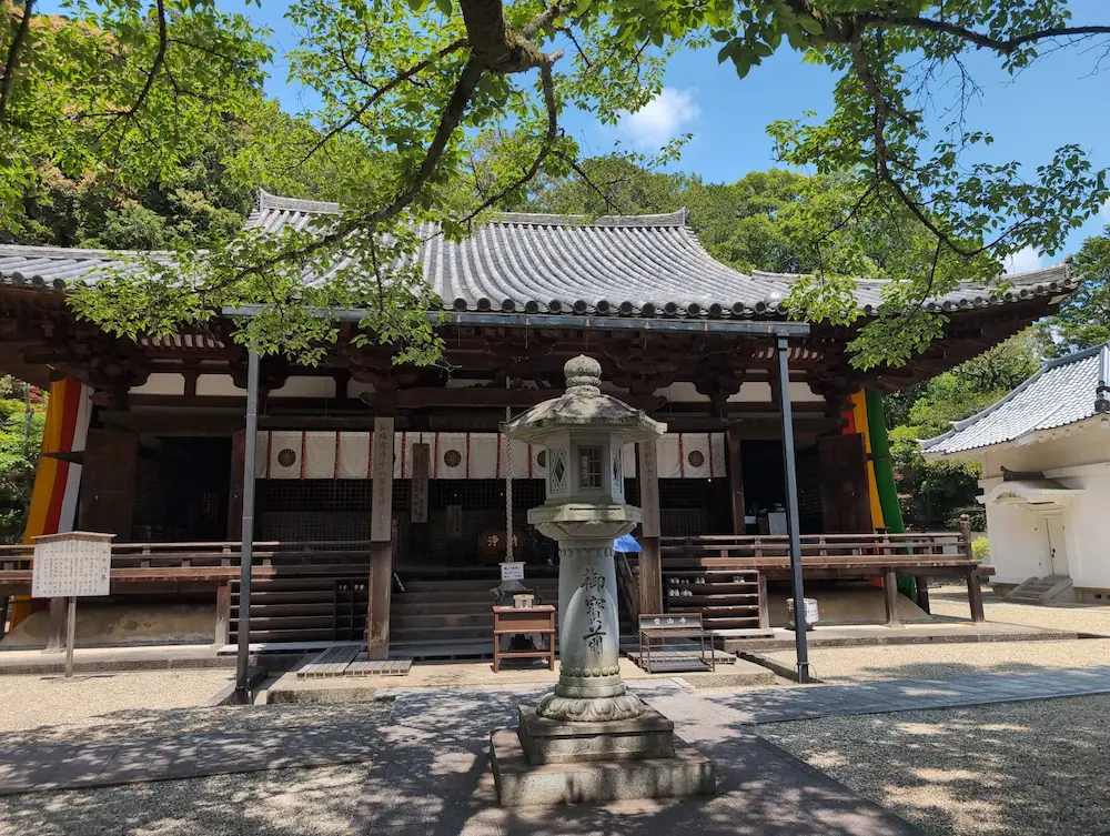 鎌倉時代の建築様式を残す霊山寺の本堂（国宝）。鮮やかな朱色の高欄と重厚な瓦屋根が、周囲を囲む深い新緑と快晴の青空に美しく映えている。ジンバル撮影による奥行きのある全景。