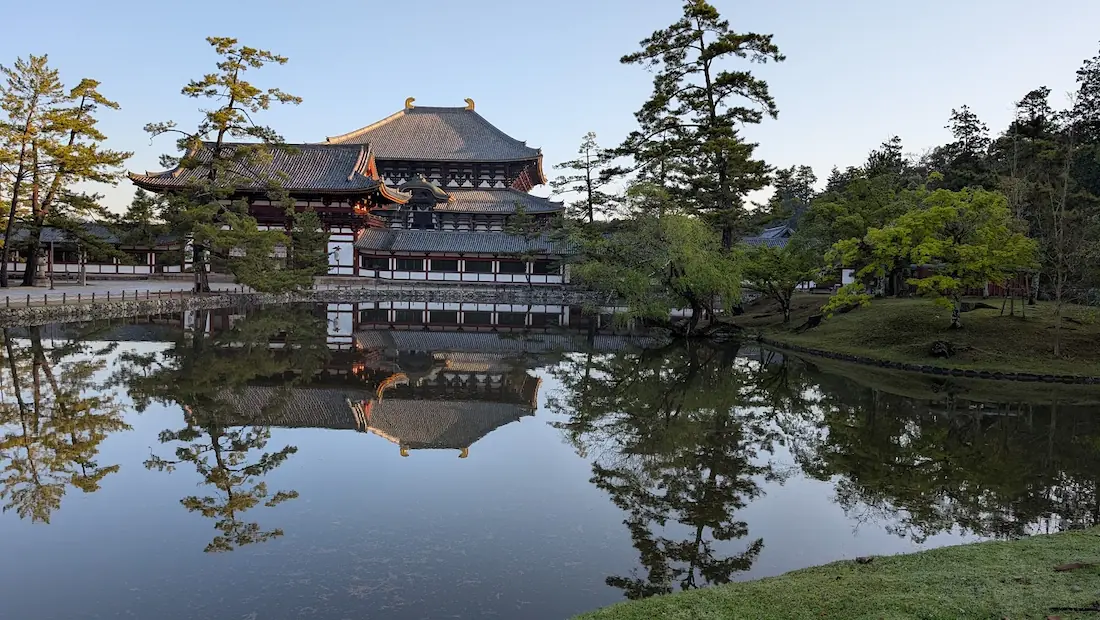 東大寺の鏡池正面から見たリフレクション。水面に中門と大仏殿の屋根が左右対称に美しく反射している早朝の風景