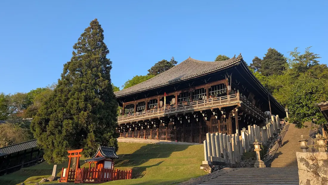 夕陽を浴びて建物全体が黄金色に輝く東大寺二月堂。手前の石段や周囲の木々、赤い鳥居も夕暮れの光に照らされている風景