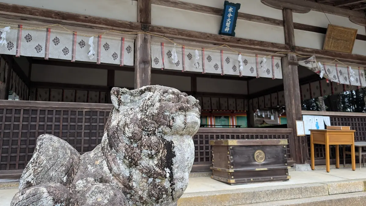 都祁水分神社の境内に鎮座する、苔むした石造りの狛犬（阿形）。背景には「水分大明神」の扁額がかかる木造の拝殿が見える