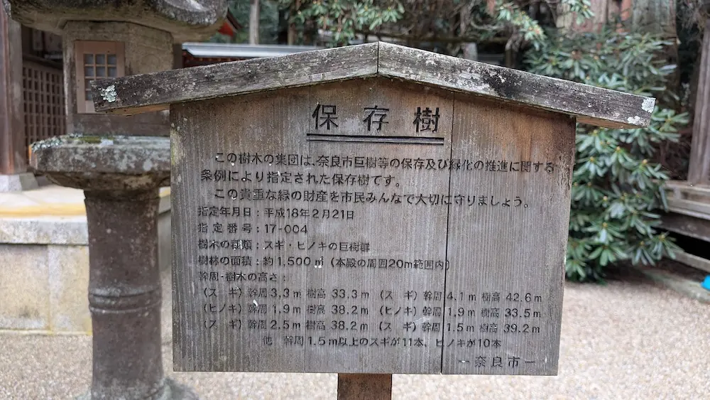 奈良市指定の保存樹に関する木製の案内板。スギやヒノキの巨樹群が市の条例で保護されていることや、樹高・幹周などの詳細な数値が記されている
