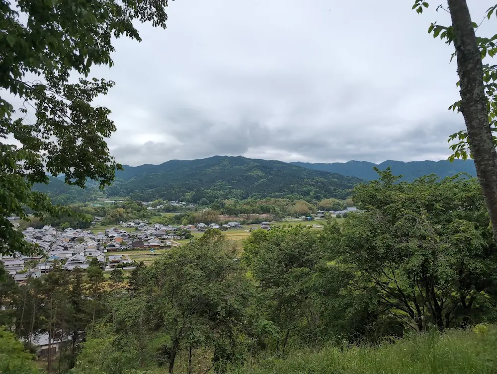 甘樫丘展望台から東方向を望む5月の風景。新緑の木々の合間から、明日香村の集落と田園風景が広がり、中央には飛鳥寺の本堂が小さく見える。背景には多武峰(とうのみね)へと続く山並みが連なっている。