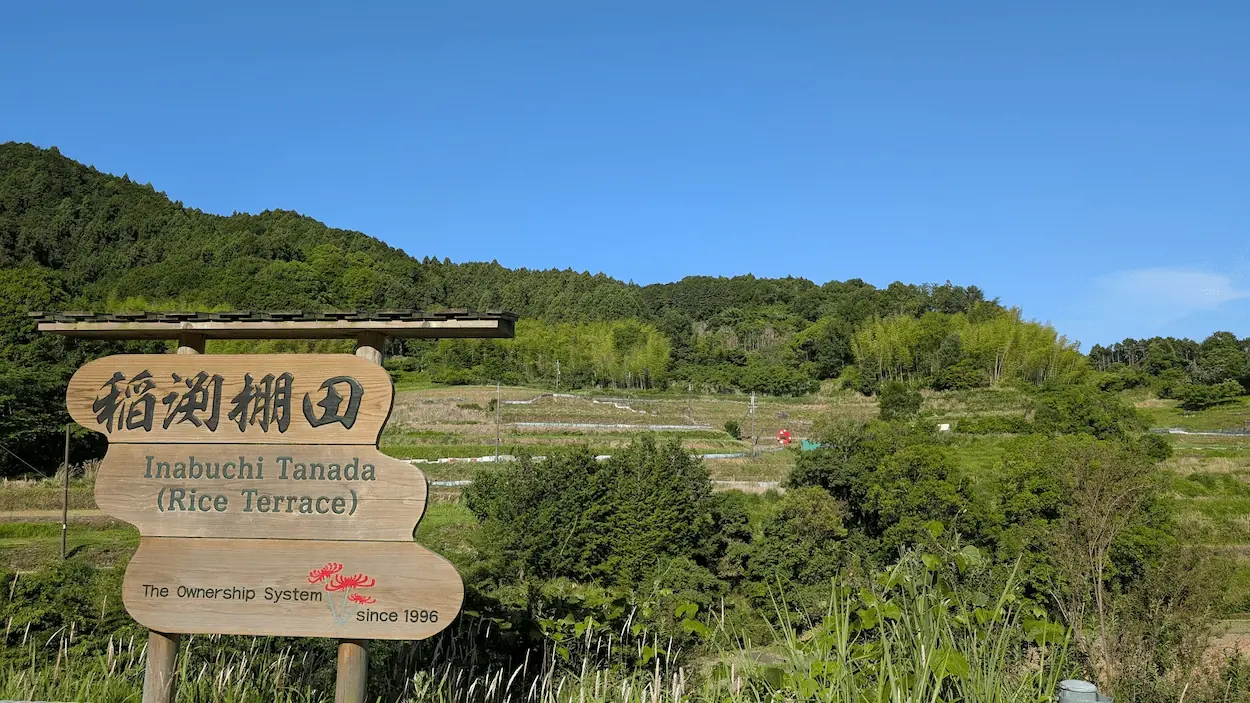 明日香村稲渕棚田の入口にある木製の看板と、棚田が広がるのどかな風景。5月25日撮影