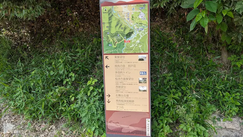 明日香村の散策路に設置された観光案内板。現在地を示す地図と、周辺施設への方向、距離が記されている。