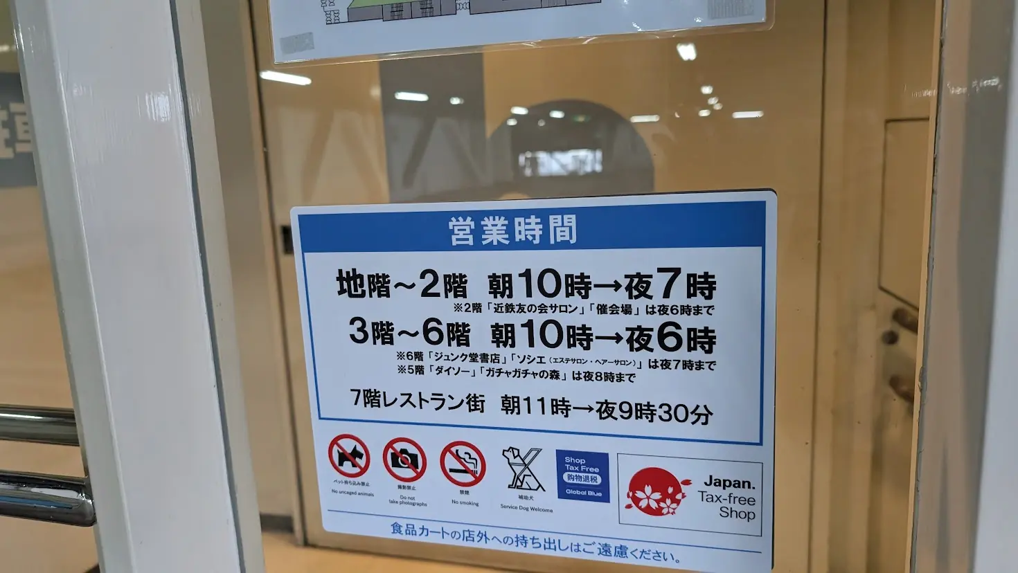 近鉄百貨店橿原店のフロア別営業時間案内板。地階から7階までの営業時間が詳細に記載されている