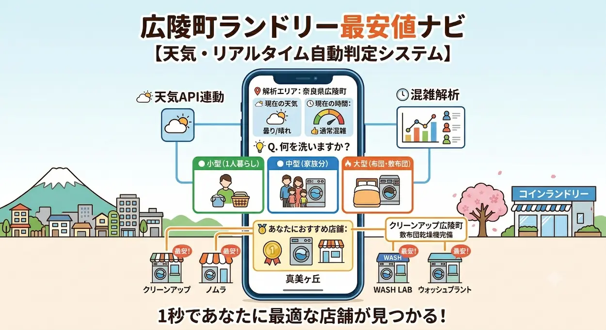広陵町内のコインランドリーを天気や混雑状況、洗濯物の種類から比較・ナビゲートするシステムのイメージ図