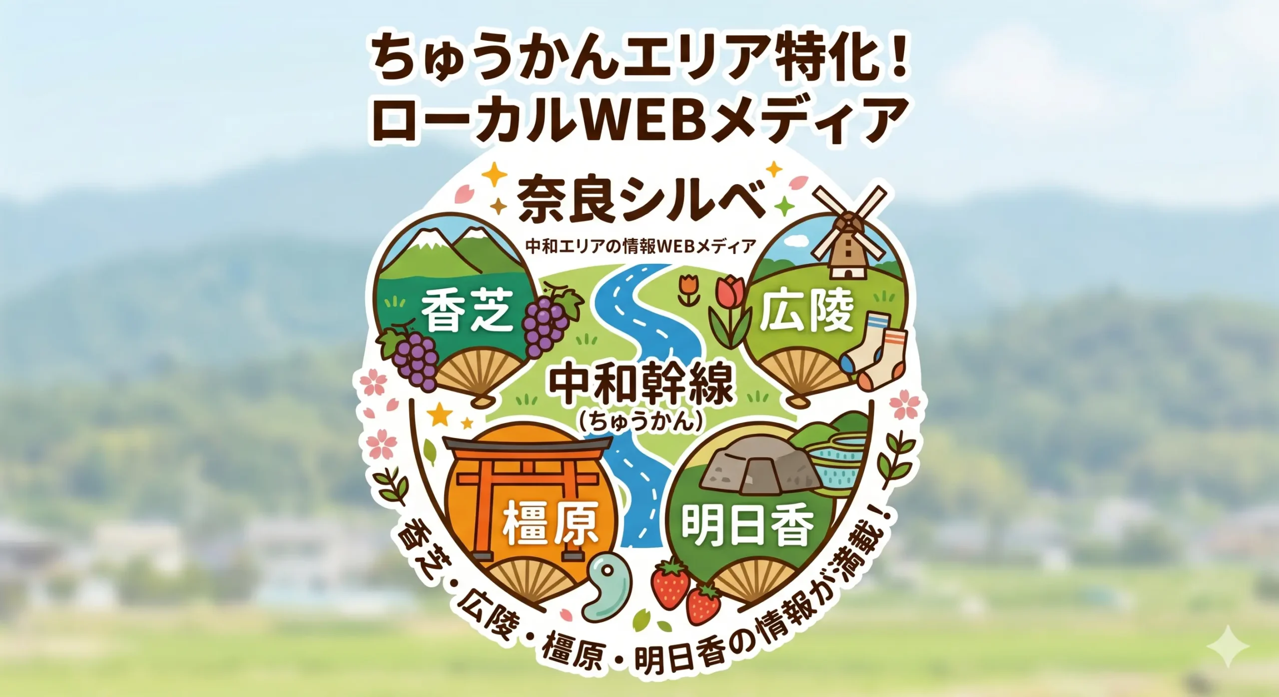 香芝、広陵、橿原、明日香の各エリアを象徴するアイコンが描かれた、奈良シルベ!のロゴ画像