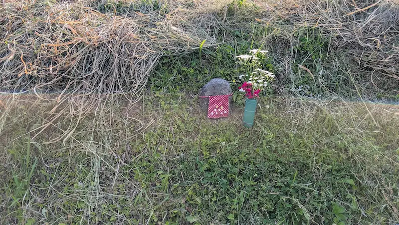 飛鳥の散策路の道端に祀られた、赤い前掛けをした小さなお地蔵様。隣には供花が添えられている。