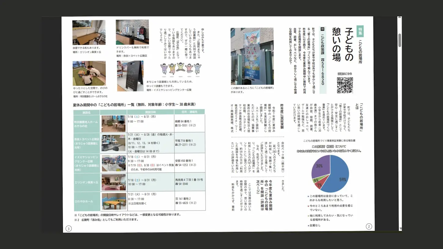広陵町の夏休み期間中の「こどもの居場所」一覧と概要を紹介する広報誌の抜粋