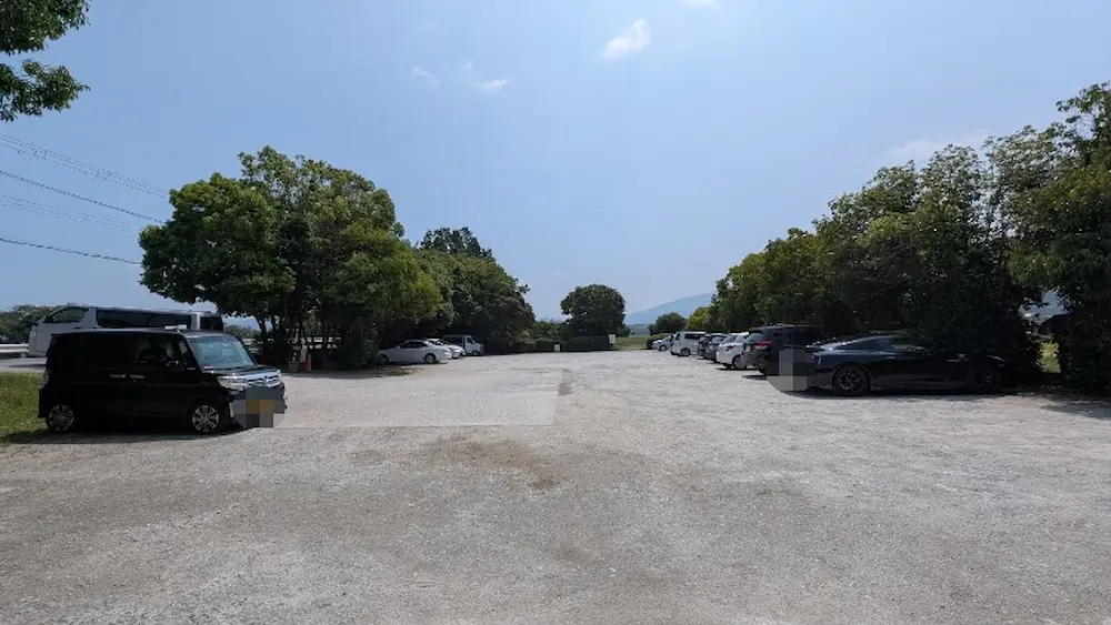 青空の下、木々に囲まれた広々とした藤原宮跡の砂利敷きの駐車場に、複数の車が駐車されている様子。