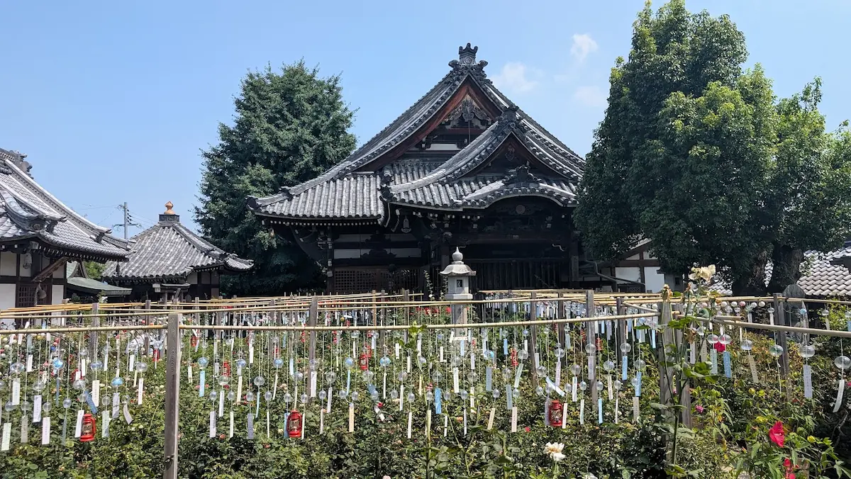 青空の下、おふさ観音の境内にずらりと並んだたくさんの風鈴と、その奥に見える重厚な本堂の景観