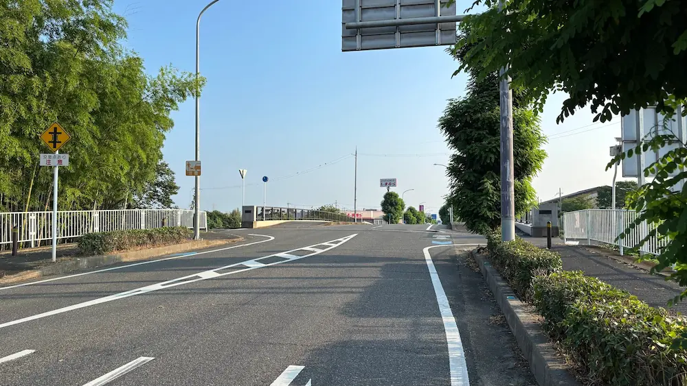 中和幹線方面へと続く道路の風景。緑豊かな街路樹の隙間から、奥に「しまむら」や「イオン」の看板や店舗が見えている