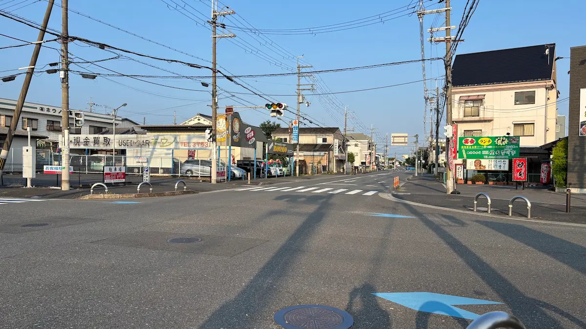 ヨーグルトワールドの近くから橿原方面を見た道路の風景。交差点や周辺の建物、店舗の看板が立ち並ぶ見通しの良い道路