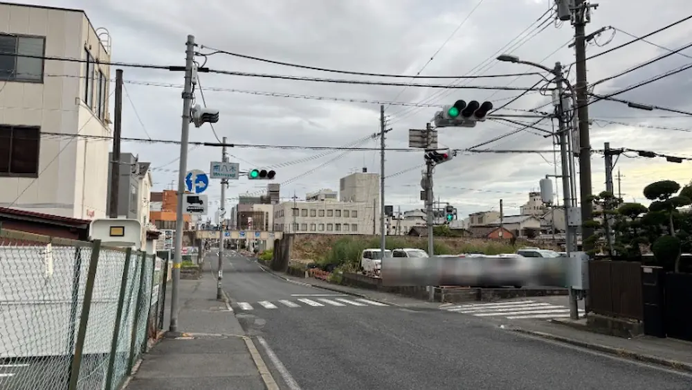 曇天の下、国道24号線の南八木交差点周辺から前方の車道や横断歩道、周辺の建物、駐車されている車両を見渡した様子。