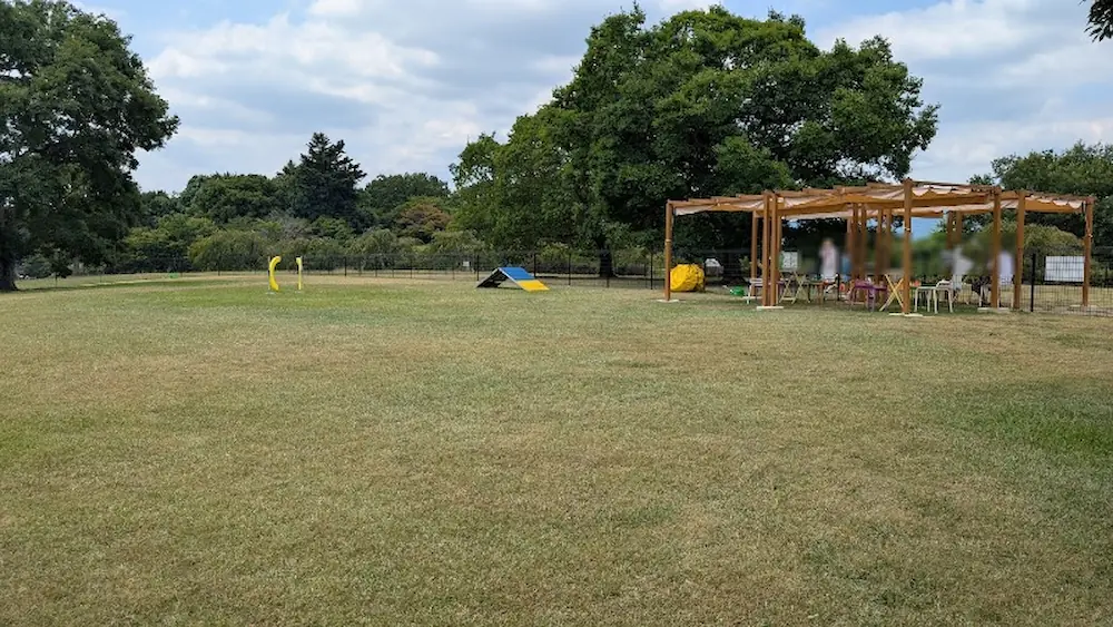 馬見丘陵公園内に新設されたドッグラン「UMAMI WAN Park」の広大な芝生エリア。アジリティ遊具や日よけ付きの休憩スペース（東屋）が設置されている様子。