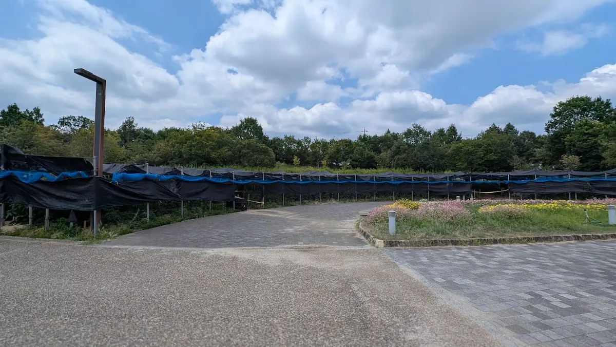 青空と白い雲が広がる馬見丘陵公園内で、遮光ネットが張られたダリアの育成エリアと舗装された散策路の全体像。