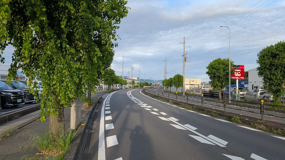 中和幹線沿いのネクストステージオープン予定地付近から、橿原方面へと続く道路と街路樹の様子。